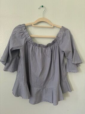 Sunday in Brooklyn Blue and White Striped Off-Shoulder Ruffle Top